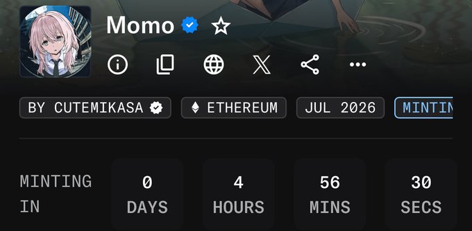 The image displays a countdown timer for the NFT project "Momo" by cutemikasa, minting on Ethereum in July 2026, with 0 days, 4 hours, 56 minutes, and 30 seconds remaining. This aligns with the post announcing Momo's mint with a 4,444 supply at 0.0075 ETH on the ETH mainnet, highlighting the anticipation and hype surrounding the project's launch.
