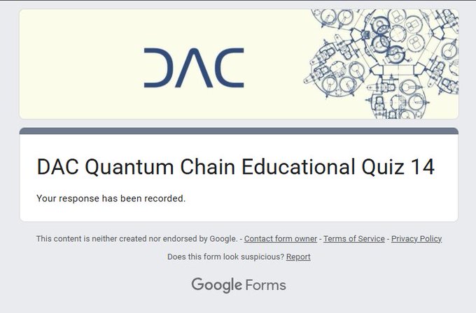 A Google Forms confirmation page for 'DAC Quantum Chain Educational Quiz 14' with the DAC logo.