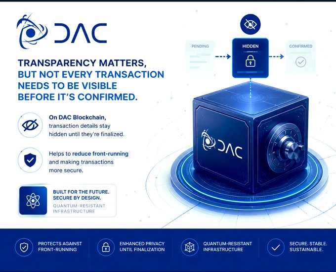 A marketing graphic for DAC Blockchain emphasizing 'TRANSPARENCY MATTERS, BUT NOT EVERY TRANSACTION NEEDS TO BE VISIBLE BEFORE IT'S CONFIRMED,' featuring a 3D blue vault cube and highlighting front-running protection and quantum-resistant infrastructure.