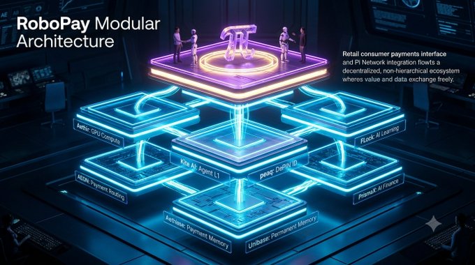 A futuristic 3D graphic titled 'RoboPay Modular Architecture' depicting a layered, neon-lit ecosystem platform with modules like AI agents, payment routing, and permanent memory, alongside text describing retail consumer payments and Pi Network integration.