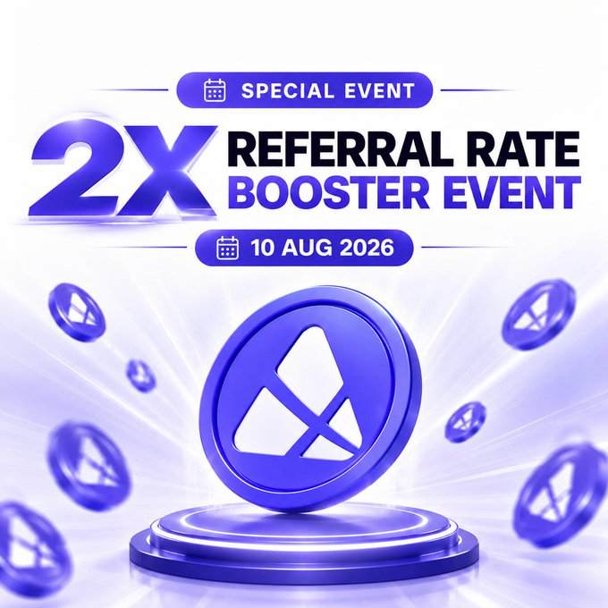 Promotional graphic for a "SPECIAL EVENT: 2X REFERRAL RATE BOOSTER EVENT" on 10 AUG 2026, featuring large purple and blue stylized token coins with a geometric logo, complementing the announcement of doubled referral mining rewards for the PX Network community.