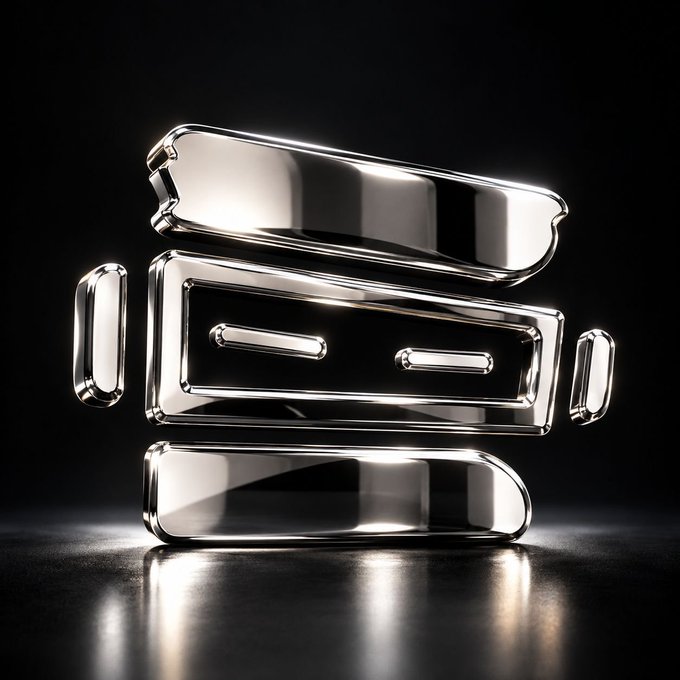A 3D render of abstract, chrome, metallic shapes stacked together on a reflective black surface with dramatic lighting.