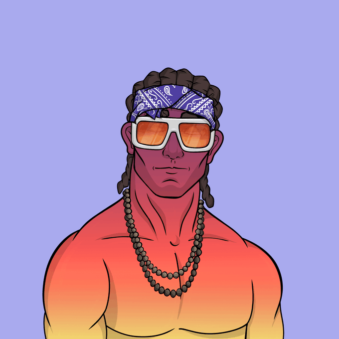 A stylized digital illustration of a shirtless man with braided hair, a purple bandana, orange-tinted sunglasses, and a beaded necklace against a purple background.