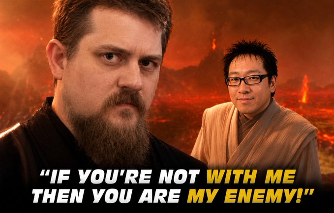 The image shows a bearded man on the left with an intense expression, set against a fiery, lava-filled background reminiscent of a Star Wars Mustafar scene, while a smaller figure in Jedi-like robes appears on the right. The quote "IF YOU'RE NOT WITH ME THEN YOU ARE MY ENEMY!" is displayed at the bottom, referencing Obi-Wan's famous line to Anakin. The meme likens Luke Dashjr's role in the Bitcoin civil war to Anakin's fall to the dark side, portraying the post's author as Obi-Wan lamenting his "brother's" betrayal by supporting alternative blockchains instead of maintaining Bitcoin's unity.