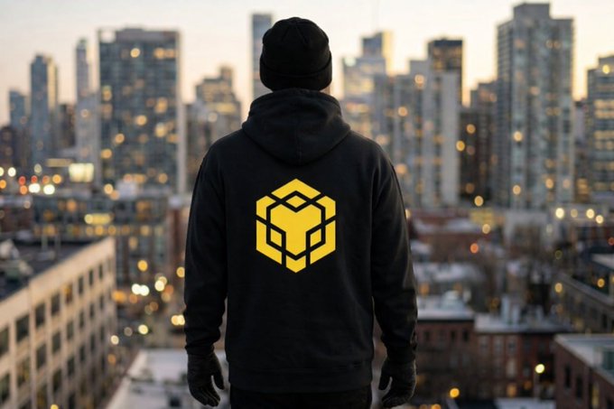 The image features a man wearing a black hoodie with a yellow geometric design, standing against a city skyline backdrop. The text "BNB season is upon us Let's make it happen together" is also present in the image. This suggests that the man might be promoting an upcoming event or collaboration related to BNB (Bank of Nova Scotia) and the city.