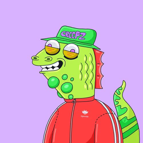 A cartoon green lizard character wearing a red tracksuit and a green "Creepz" cap smiles cheerfully against a purple background, embodying the joyful sentiment of the post about embracing the lizard lifestyle.