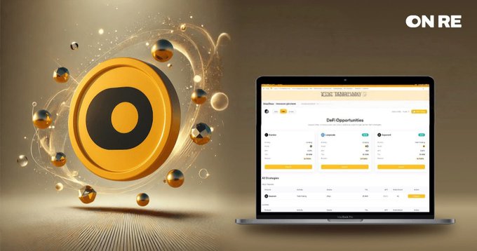 The image features a laptop screen displaying a cryptocurrency trading platform called ONyc, which is tokenized reinsurance backed by real premiums. The platform offers uncorrelated yields with solid RWA play, making it an attractive option for investors seeking diversification in the crypto market. The text on the screen reads "Just came across @onrefinance ONyc is tokenized reinsurance on Solana backed by real premiums. Double digit uncorrelated yields, fully composable as DeFi collateral. No hype, just actual underwriting cash flows."