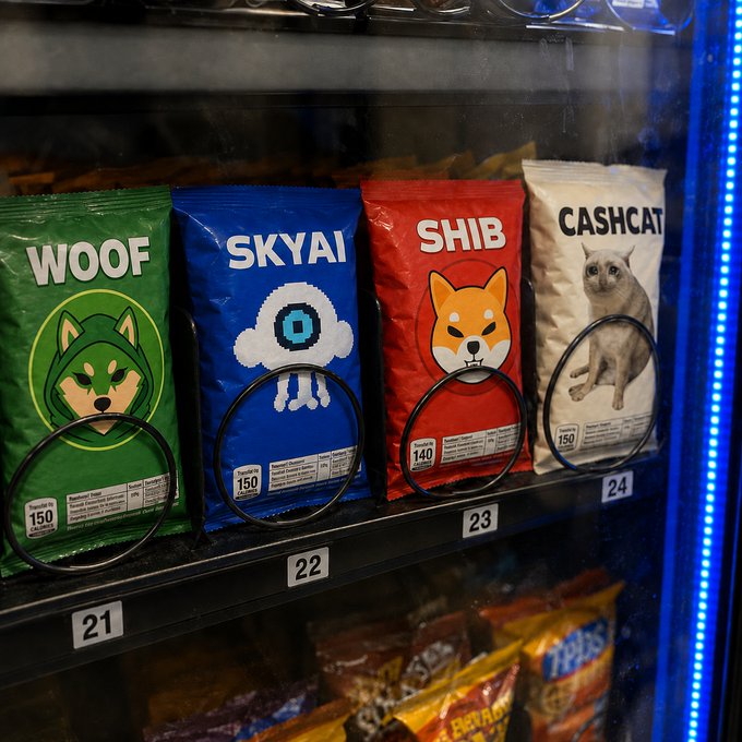 The image shows four snack bags displayed on numbered vending machine shelves (21-24), each featuring a cryptocurrency mascot: WOOF (green husky dog), SKYAI (blue cloud/robot), SHIB (orange Shiba Inu), and CASHCAT (gray cat). The post humorously positions the $WOOF token alongside major crypto projects like SKYAI, SHIB, and CASHCAT, suggesting it could soon experience a "crime" (likely meaning a price surge or breakout).