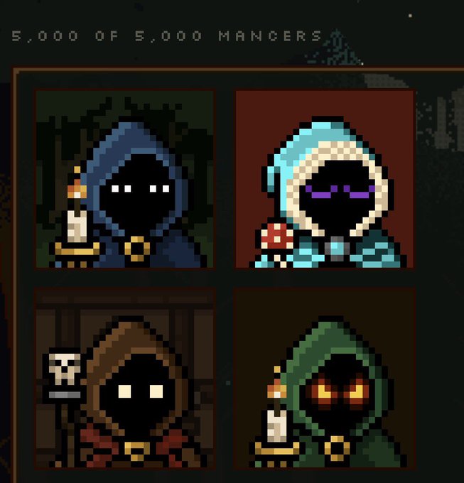 Pixel art game screen showing four hooded mage characters in blue, cyan, brown, and green robes with '5,000 OF 5,000 MANGERS' text at the top.