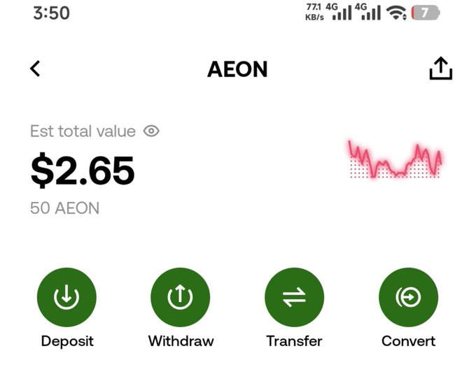 A mobile app screenshot showing an 'AEON' wallet with an estimated total value of $2.65 for 50 AEON, featuring a downward-trending price chart and green buttons for Deposit, Withdraw, Transfer, and Convert.