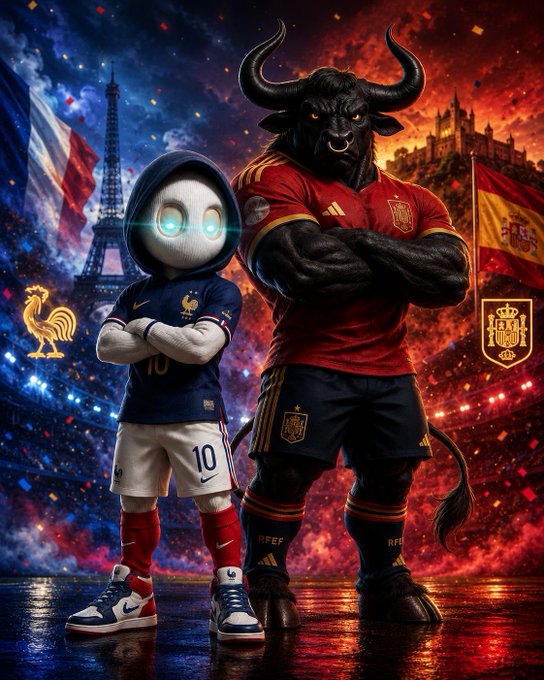 The image shows a Spain national football team jersey ("ESPANA" and "RFEF" visible) and a France national team jersey (number "10" and rooster crest visible), featuring a mascot figure alongside a bull character, representing the Spain vs. France match. This pairs with the post's giveaway prompt, asking followers to predict the correct score of today's Spain vs. France game for a chance to win $SOL to buy $ANSEM.