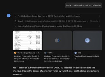 A search interface displays results for COVID-19 vaccine safety and effectiveness, citing sources like "The New England Journal of Medicine" and the CDC, with results dated 2025-2026. The accompanying post about "coldcard" and bitcoin influencers appears unrelated to the image content, which focuses on vaccine research data.