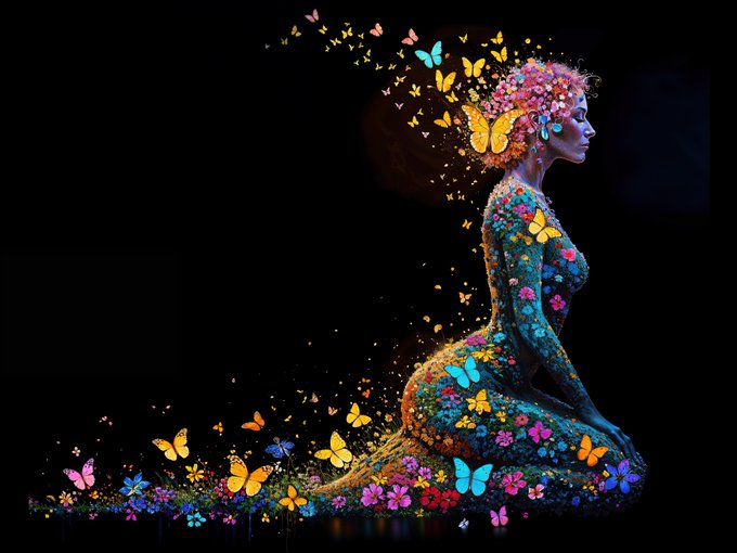 A digital artwork depicts a silhouette of a sitting woman adorned with and surrounded by colorful flowers and butterflies against a black background.