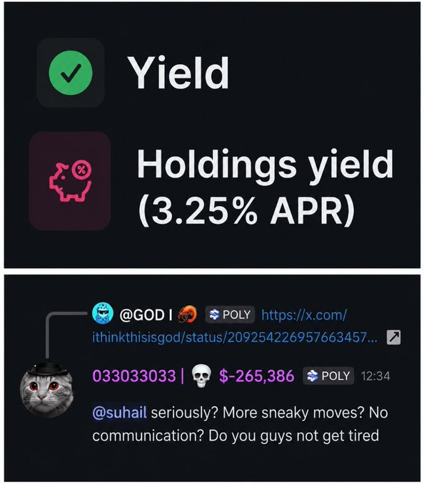 The image shows a screenshot from Polymarket displaying that "Holdings yield" is now at 3.25% APR, accompanied by a community message from user "@GOD I 🦞" criticizing Polymarket for reducing yield rates to "-$265,386" without proper communication, tagging "@suhail" and accusing the platform of making "sneaky moves." The image illustrates the post's complaint about Polymarket quietly reducing yield rates without notifying users.