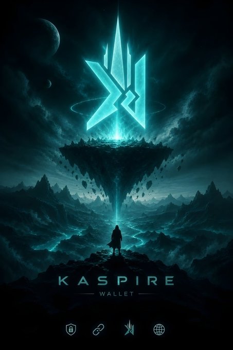 The image is a dramatic promotional graphic for "KASPIRE WALLET," featuring a lone cloaked figure gazing up at a glowing cyan Kaspa logo hovering above a floating mountain in a stormy, otherworldly landscape. The post announces Kaspire Wallet as a covenant-ready, open-source, and secure Kaspa wallet, which the image visually reinforces with its heroic, epic aesthetic suggesting power and pioneering control over the Kaspa network.