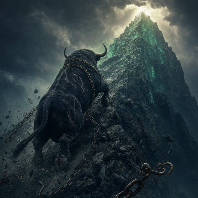 A massive, chained bull ascends a rugged mountain toward a glowing green peak beneath stormy skies—symbolizing the climb to financial victory referenced in the post about winning "$ANSEM."