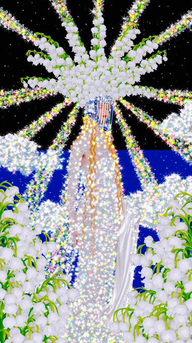 A vibrant digital artwork featuring a figure surrounded by radiating bursts of lily of the valley flowers against a black background.