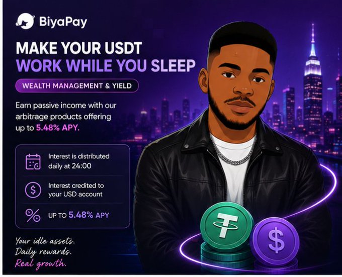 The text above the image reads "At @BiyaPay Is Redefining How Stablecoins Generate Value.. Many crypto users focus only on buying, holding, or trading digital assets. But one major area often overlooked is capital productivity". The image features a young man dressed in a leather jacket and carrying stacks of coins next to him.