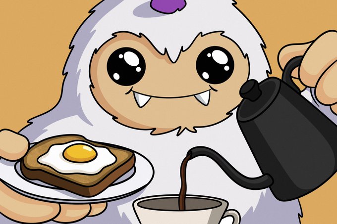 A cartoon illustration of a cute yeti-like character holding a plate of toast with a fried egg and pouring coffee from a black kettle.