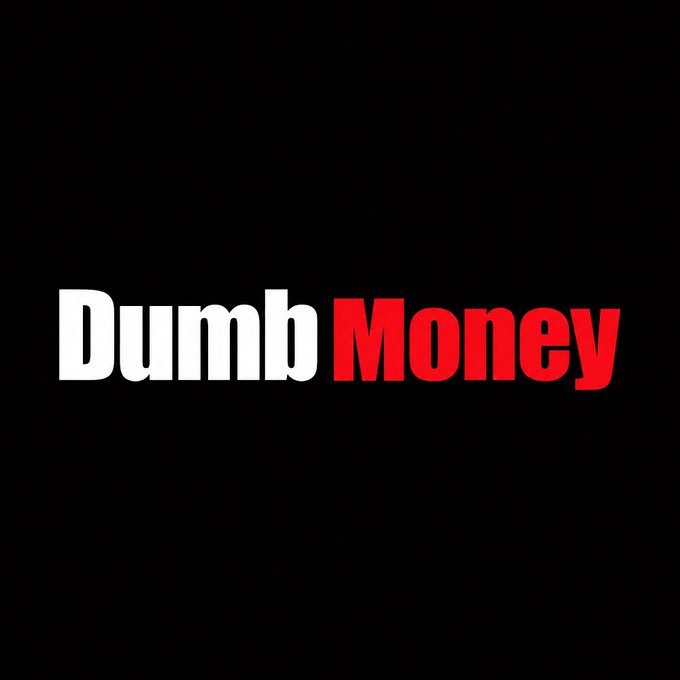 The image displays the text "Dumb Money" in bold white and red letters against a black background, with "Dumb" in white and "Money" in red. The design serves as a branding/logo graphic that aligns with the post's rallying call to retail investors and crypto enthusiasts, reinforcing the community's identity.