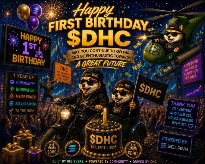 A vibrant 'Happy First Birthday $DHC' promotional graphic featuring dog mascots, a helicopter, motorcycles, and references to Solana blockchain, commemorating one year of community, innovation, and meme power.