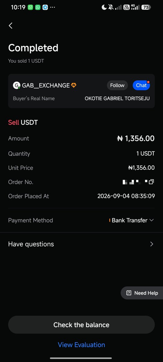 A completed P2P transaction screenshot showing 1 USDT sold for ₦1,356.00 via Bank Transfer to buyer OKOTIE GABRIEL TORITSEJU, order placed on 2026-09-04 08:35:09.