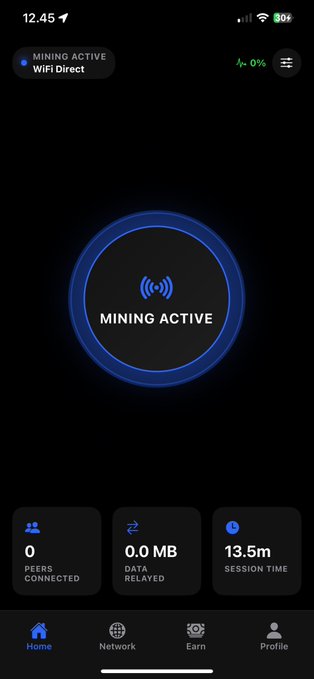 A dark-themed mobile app interface shows 'MINING ACTIVE' in a blue circular graphic, with metrics '0 PEERS CONNECTED', '0.0 MB DATA RELAYED', and '13.5m SESSION TIME' at the bottom, and a navigation bar with 'Home', 'Network', 'Earn', and 'Profile'.