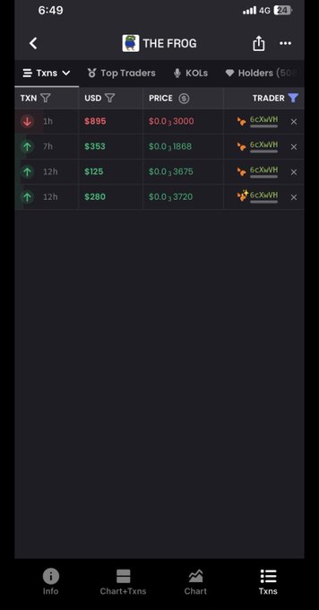 A crypto tracking app showing transactions for token 'THE FROG' with recent trades including $895 for 3000 tokens, $353 for 1868, $125 for 3675, and $280 for 3720, with top trader '6CXwVH' highlighted.