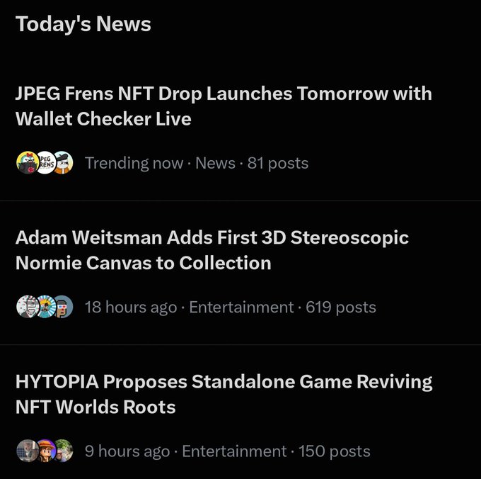 A dark-themed news feed titled 'Today's News' showing headlines about 'JPEG Frens NFT Drop Launches Tomorrow with Wallet Checker Live', 'Adam Weitsman Adds First 3D Stereoscopic Normie Canvas to Collection', and 'HYTOPIA Proposes Standalone Game Reviving NFT Worlds Roots'.