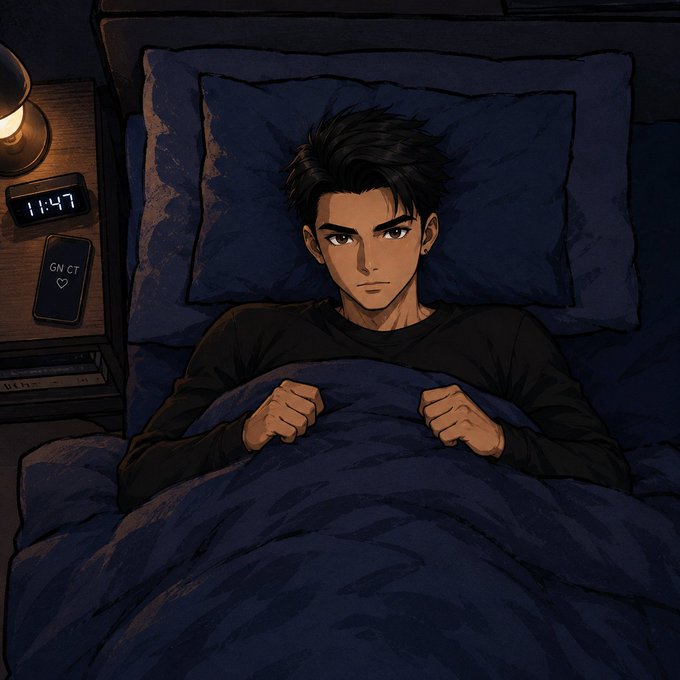 A young man with dark hair lies awake in bed under navy blue covers, staring upward in a dimly lit room where a digital clock reads "11:47" and a phone screen displays "GN CT ♡"—capturing the late-night exhaustion of closing out the trading day and mentally winding down before tomorrow.
