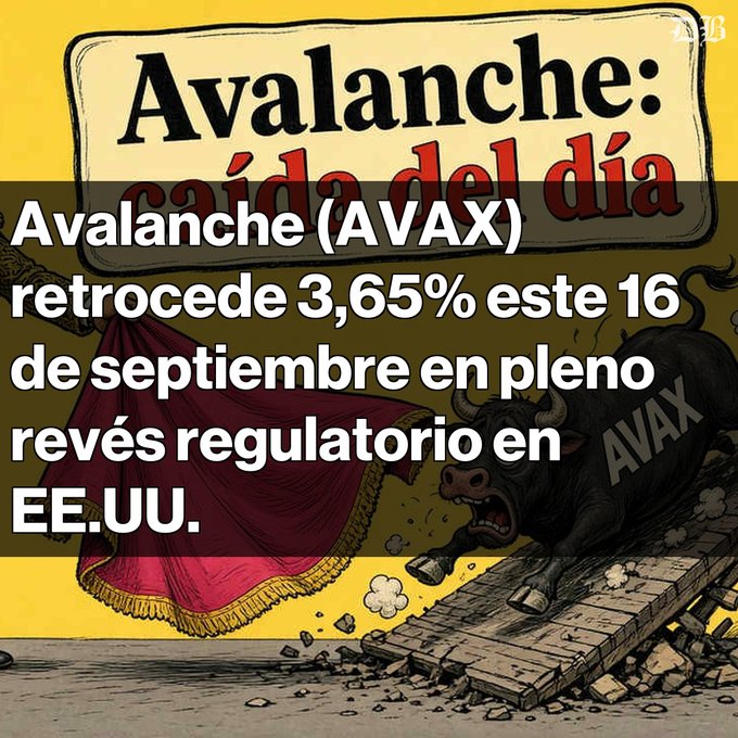 Diario Bitcoin Spanish-language graphic announcing Avalanche's daily drop, stating 'Avalanche (AVAX) retrocede 3,65% este 16 de septiembre en pleno revés regulatorio en EE.UU.' with an illustration of a bull falling from a bridge.