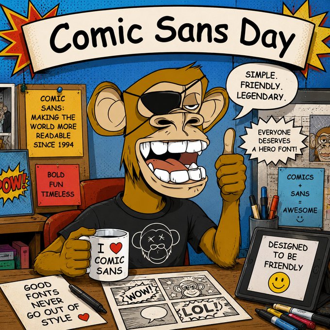 A cartoon monkey wearing an eyepatch and an "I ♥ Comic Sans" shirt gives a thumbs-up at a desk surrounded by Comic Sans-themed posters and notes, including banners reading "Comic Sans Day," "Simple. Friendly. Legendary.," and "Comics + Sans = Awesome." The image celebrates Comic Sans Day in a fun, lighthearted way that matches the post's playful "GM" Ape Day greeting.