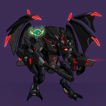 A dark, menacing mecha or armored figure with red glowing accents, large wings, and a cyclopean eye, wielding a glowing red sword against a purple background.