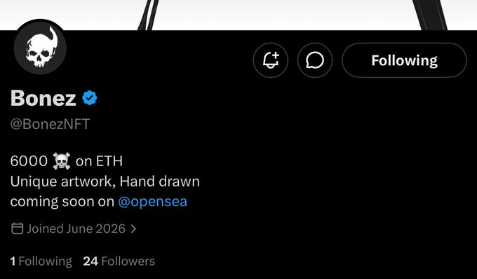 A Twitter/X profile screenshot of "Bonez" (@BonezNFT), a verified account with a skull avatar, describing their 6000 hand-drawn NFT collection on ETH coming to OpenSea. The profile aligns with the post highlighting the 6000 supply on Ethereum and potential investment opportunity.