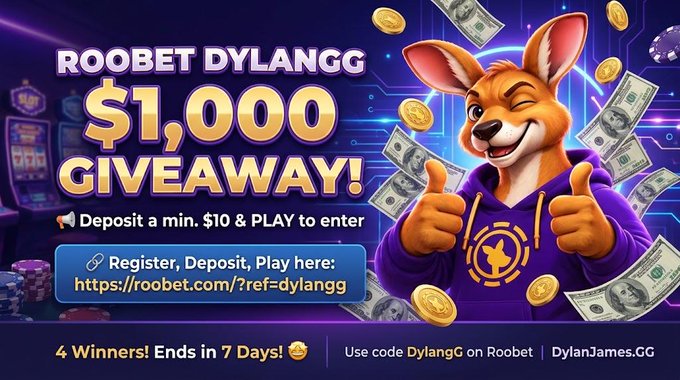 A promotional graphic for a 'ROOBET DYLANGG $1,000 GIVEAWAY!' featuring an anthropomorphic kangaroo character giving thumbs up, with instructions to 'Deposit a min. $10 & PLAY to enter' and a link 'https://roobet.com/?ref=dylangg'.