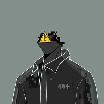 A glitchy, pixelated figure with a yellow caution triangle over its face wears a dark jacket labeled "404," referencing the 404s_ethereum collective whose digital, fragmented aesthetic is central to their NFT reveals.