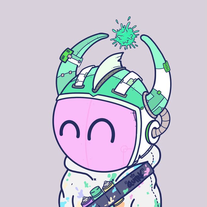 A digital illustration of a character wearing a pink visor and green horns, holding a paint-splattered gun labeled 'BUNKR', with a green paint splat above.