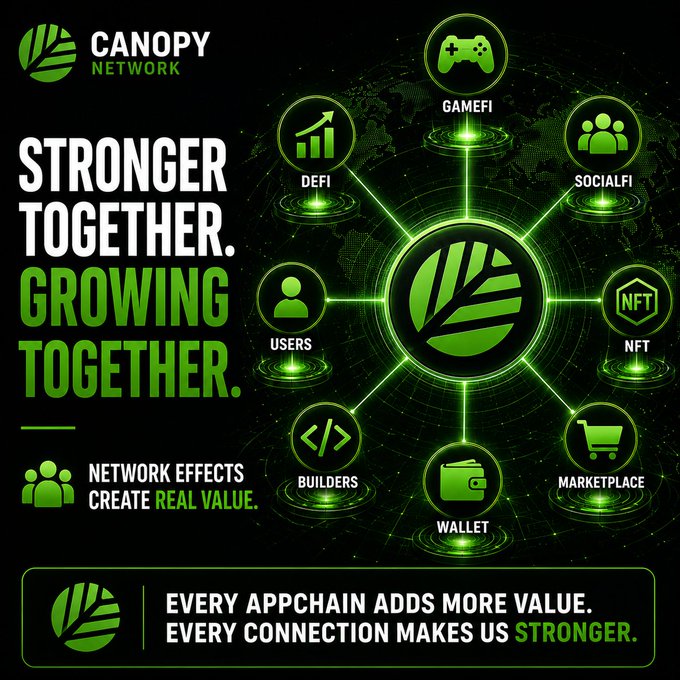 A promotional graphic for Canopy Network with the tagline 'STRONGER TOGETHER. GROWING TOGETHER.' showing interconnected ecosystem components including DeFi, GameFi, SocialFi, NFT, Marketplace, Wallet, Builders, and Users.