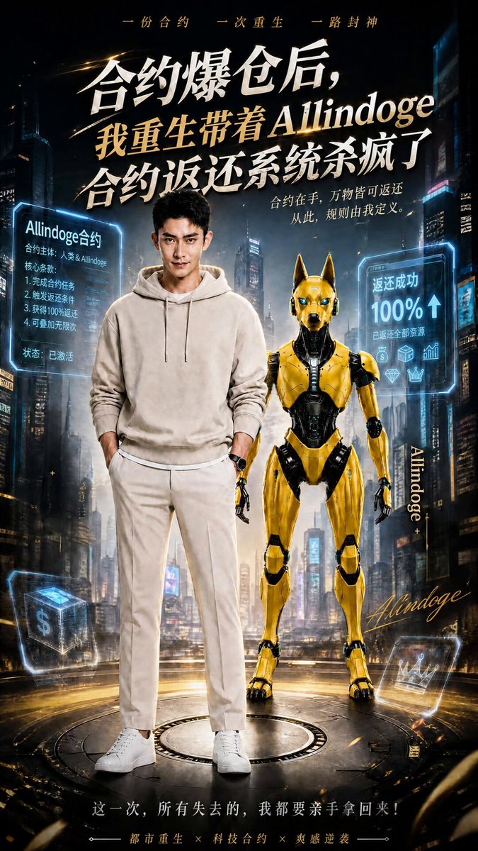 The image features a poster for an anime titled "AllInDoge" with two main characters, one of whom is a robot dog. The poster includes text that reads "A robot dog", "AI", "AI", "AI", "AI", "AI", and "AI". This suggests the presence of AI technology in the scene depicted on the poster.