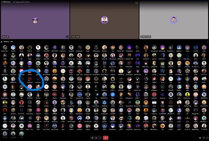 An online video conference call interface (likely Twitter/X Spaces or Clubhouse) showing three speaker tiles at the top and a large grid of attendee avatars below, with one avatar circled in blue.