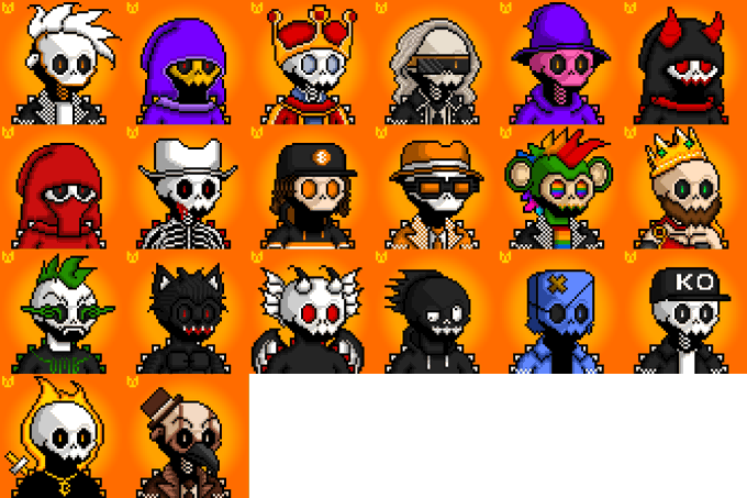 A grid of 20 pixel-art skeleton character portraits in various costumes and colors on orange backgrounds, showcasing the "Sentinels" SKHELL series collection, with one character wearing a hat labeled "KO." The diverse array of punk-styled avatars visually embodies the post's "STAY PUNKS" message and its inspiration to create art under any conditions.