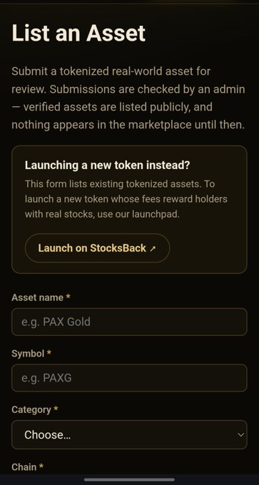 A 'List an Asset' form page with fields for Asset name, Symbol, Category, and Chain, and a prompt for launching new tokens via StocksBack launchpad.
