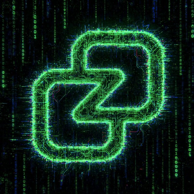 Digital art of a glowing green interconnected link logo made of circuit board patterns against a dark background with falling green binary code.