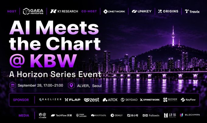 Promotional graphic for 'AI Meets the Chart @ KBW' event on September 28, 17:00-21:00 at ALVER, Seoul, hosted by GAEA Ventures and K1 Research.