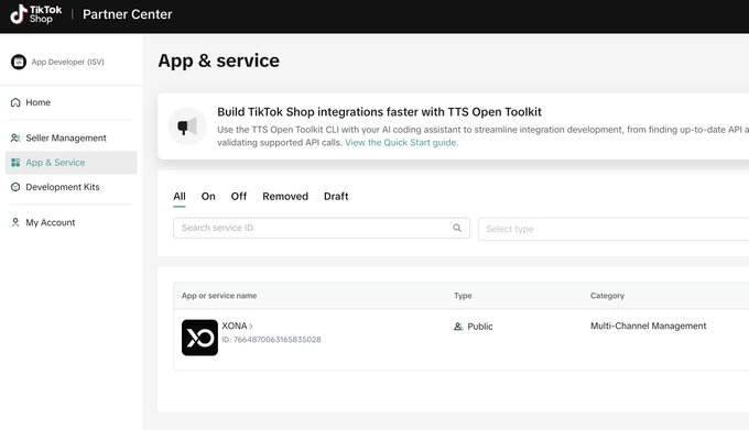 The image shows the TikTok Shop Partner Center "App & service" page, listing the XONA app (ID: 7684970637658335028) as a Public Multi-Channel Management integration. The tweet's casual "probably nothing" phrasing suggests the poster is hinting that XONA's integration with TikTok Shop may be a bullish signal worth paying attention to.