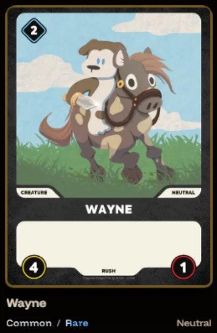 A digital trading card titled 'WAYNE' featuring an illustration of a small creature riding a brown horse, with stats '4', 'RUSH', and '1', labeled as a Neutral creature card.