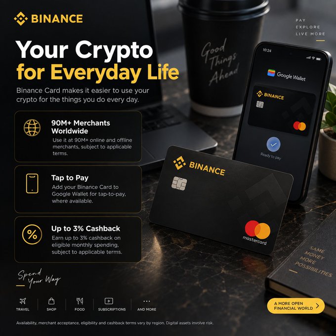 A Binance advertisement for 'Your Crypto for Everyday Life' featuring a black Binance Card and a phone displaying Google Wallet, highlighting benefits like '90M+ Merchants Worldwide', 'Tap to Pay', and 'Up to 3% Cashback'.