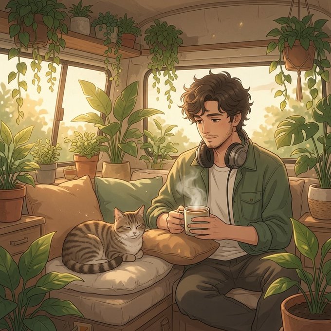 The image features a man sitting on a couch with a cat next to him, both of them enjoying some time together while drinking coffee from mugs. The scene takes place inside a van or camper, which adds an element of coziness and relaxation to their moment. The background is filled with potted plants, creating a serene atmosphere that complements the man's leisurely activity.