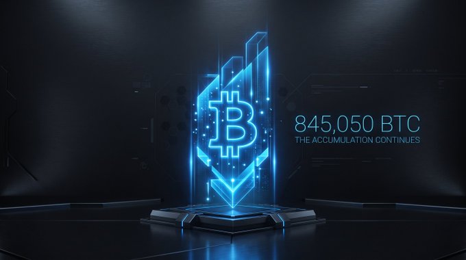A digital graphic displaying a glowing blue Bitcoin symbol with the text "845,050 BTC" and "THE ACCUMULATION CONTINUES" beside it.