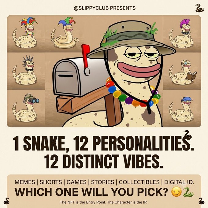 A promotional poster from @SLIPPYCLUB advertises '1 SNAKE, 12 PERSONALITIES. 12 DISTINCT VIBES.' featuring cartoon snakes with various outfits like a jester, hiker, and punk, alongside categories like MEMES, SHORTS, GAMES, STORIES, COLLECTIBLES, and DIGITAL ID.